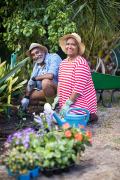 院子里种花时微笑的夫妇