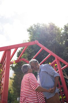 花园里微笑的老年夫妇