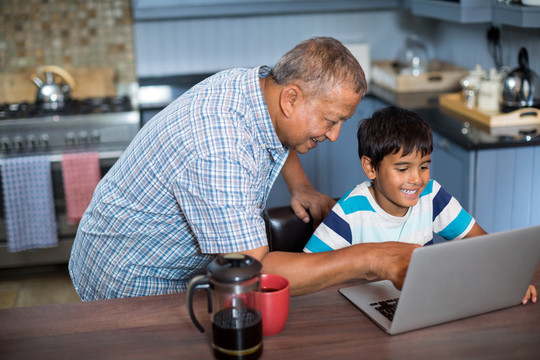 外公和孙子在家使用笔记本电脑