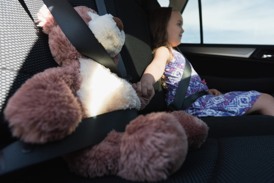 坐在汽车后座上的泰迪熊和小女孩