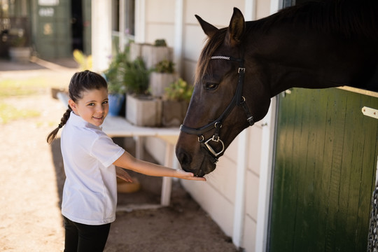 在马厩里喂马的微笑女孩