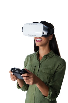 用虚拟现实耳机玩游戏的女性