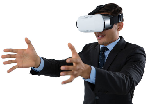年轻商人用虚拟现实眼镜做手势