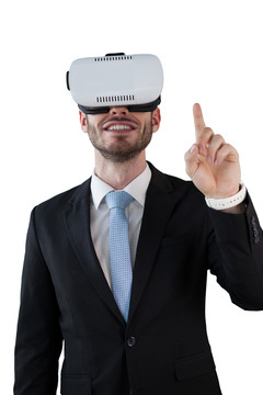 戴着虚拟现实眼镜的快乐商人