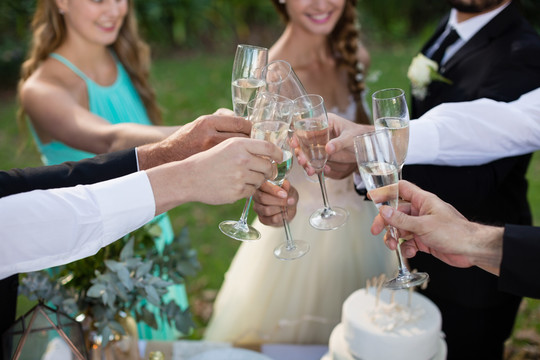 新婚夫妇和客人举杯香槟