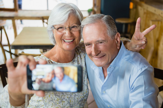 快乐的老年夫妇在手机上自拍