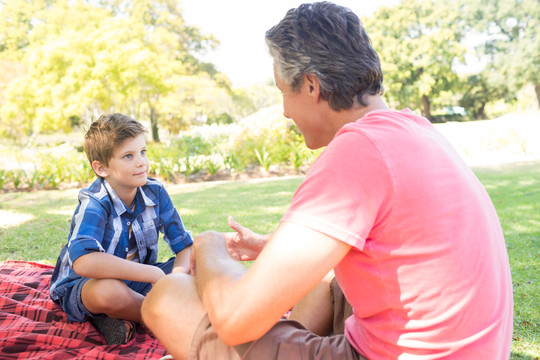 父亲在公园野餐时和儿子说话