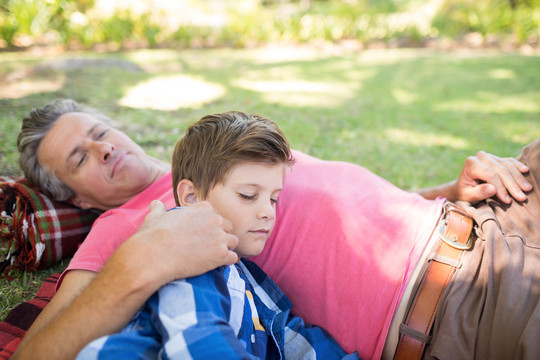 父子俩躺在公园里的野餐毯上