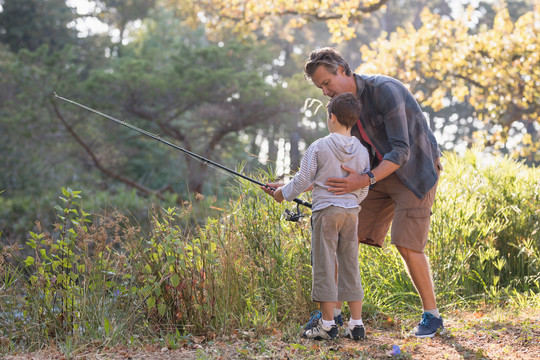 教小男孩钓鱼的成熟父亲