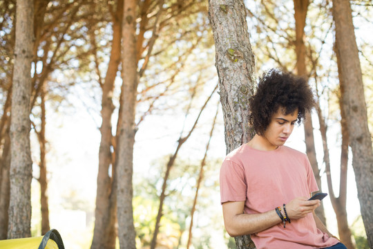 年轻人靠在森林里的树干上用手机