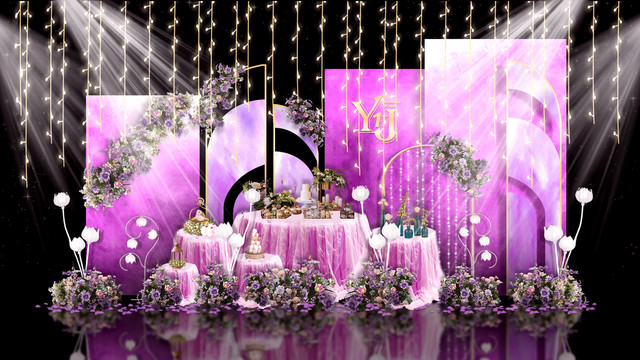 梦幻粉紫色婚礼迎宾区