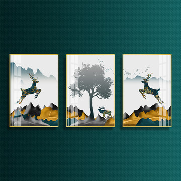 新中式金色山水麋鹿三联装饰画