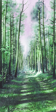 绿色森林水彩画