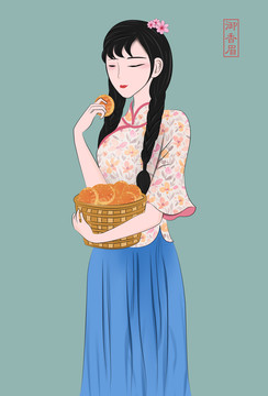 手捧烧饼的女孩插画