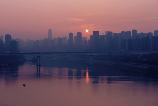 滨湖城市日落风光