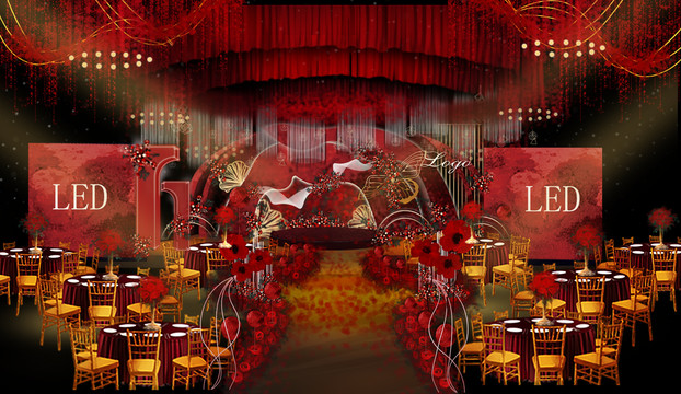 红色简约风格婚礼宴会厅设计
