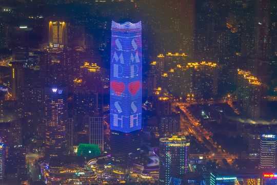 航拍上海白玉兰广场夜景