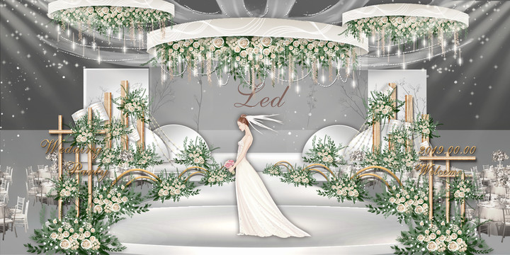 白绿色小清新婚礼舞台效果图