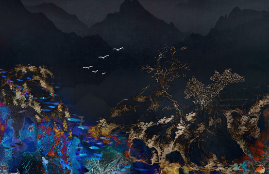 新中式山水梦幻抽象色彩壁纸壁画