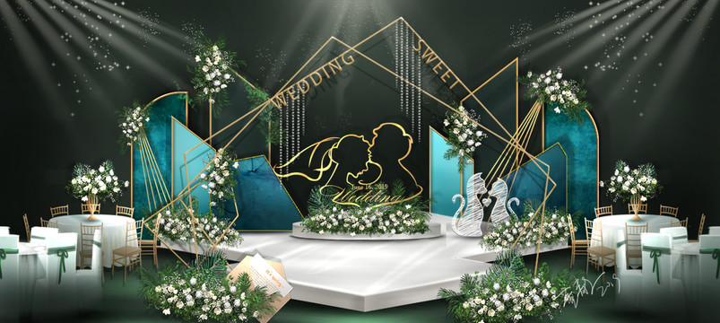 舞台手绘图中央舞台白绿婚礼异形