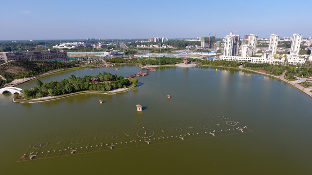 城市人工湖风景航拍