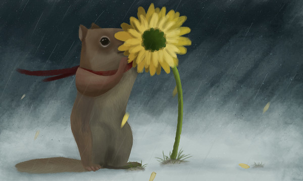 一只小松鼠和花唯美插画