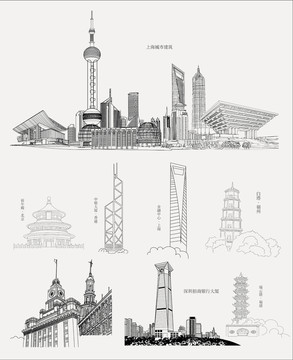 矢量中国城市地标建筑线框设计