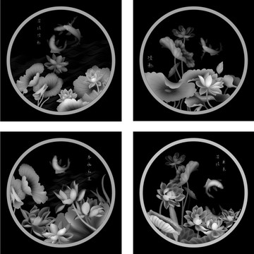 4张圆形牌匾荷花灰度图套图合集