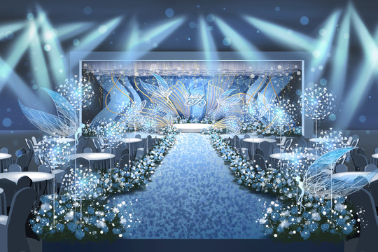 蓝白色主舞台婚礼手绘效果图