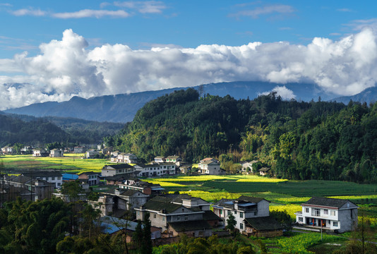 蓝天白云河流田园田野油菜花