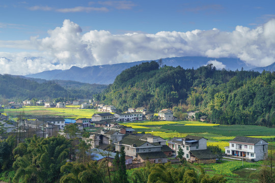 蓝天白云河流田园田野油菜花