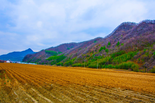 丹东宽甸青山沟耕地与山脉山峰