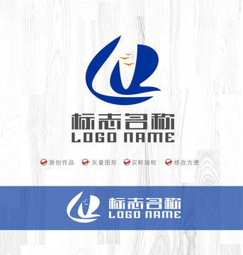 字母标志海峡山水海鸟logo