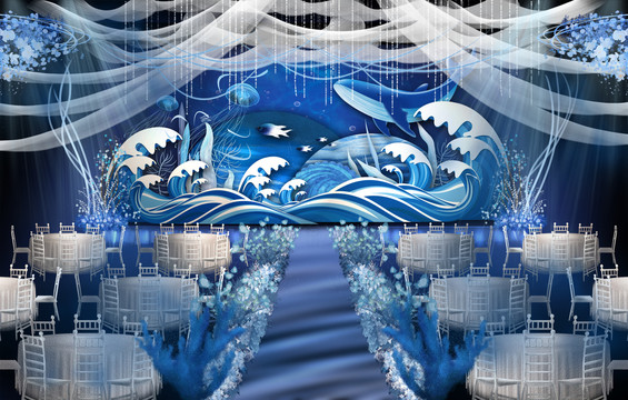 蓝色大海海洋风婚礼主背景效果图