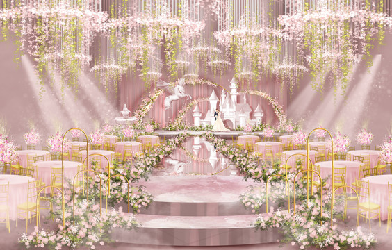 粉色大气奢华浪漫婚礼手绘效果图
