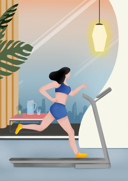 清晨在室内跑步的女子运动插画