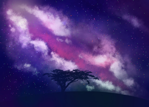 紫色浪漫夜晚星空树木剪影云彩