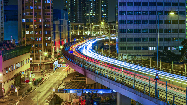 中国香港街头高架长曝光车流夜景