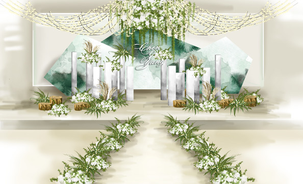 白绿色婚礼效果图主背景