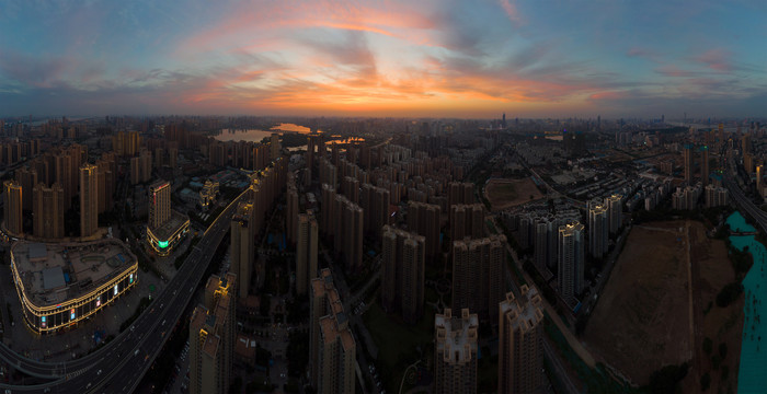 武汉夏日城市航拍傍晚和夜景风光