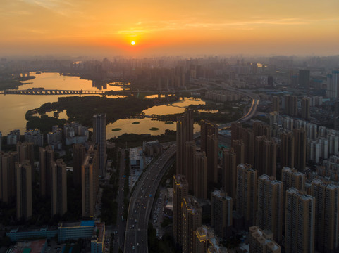 武汉夏日城市航拍傍晚和夜景风光