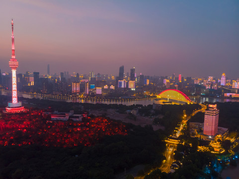 武汉夏日城市航拍傍晚和夜景风光