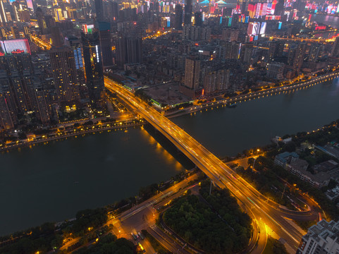 武汉夏日城市航拍傍晚和夜景风光