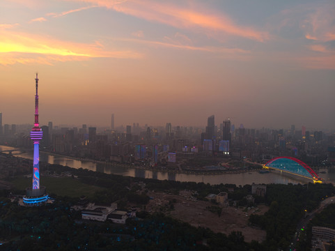 武汉夏日城市航拍傍晚和夜景风光