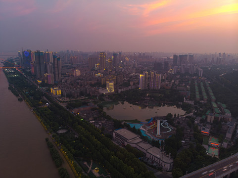 武汉夏日城市航拍傍晚和夜景风光