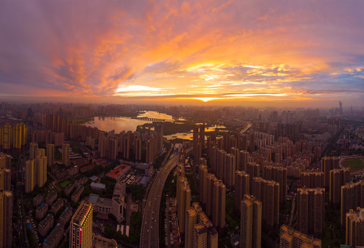 武汉夏日城市航拍傍晚和夜景风光