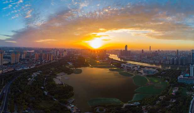 武汉夏日城市航拍傍晚和夜景风光