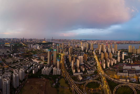 武汉夏日城市航拍傍晚和夜景风光