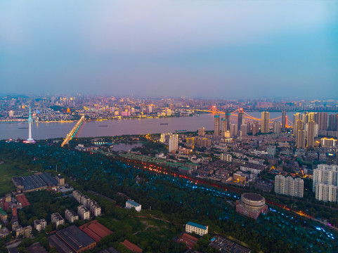 武汉夏日城市航拍傍晚和夜景风光