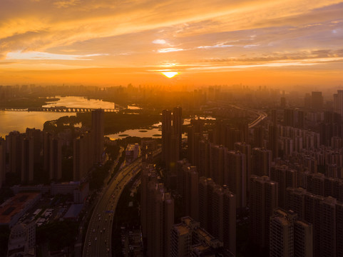 武汉夏日城市航拍傍晚和夜景风光